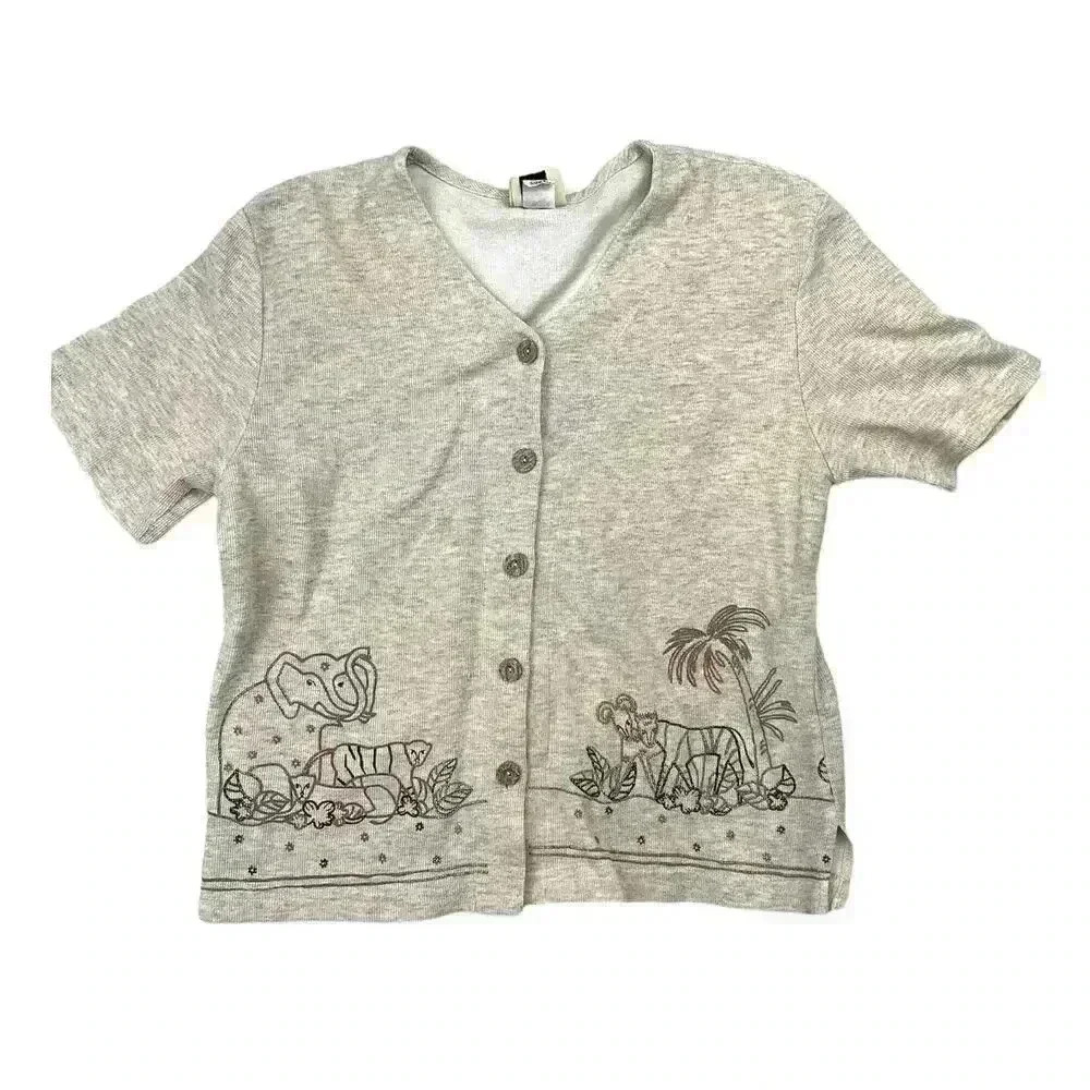VTG Safari Short Sleeve Teddi‎ Petite Tan Button Up Top Blouse Medium 90's